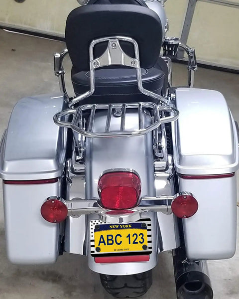 Rear view of motorcycle with American Flag Motorcycle License Plate Frame Stainless Steel Bike Tag Holder, USA Proud 1 Pack