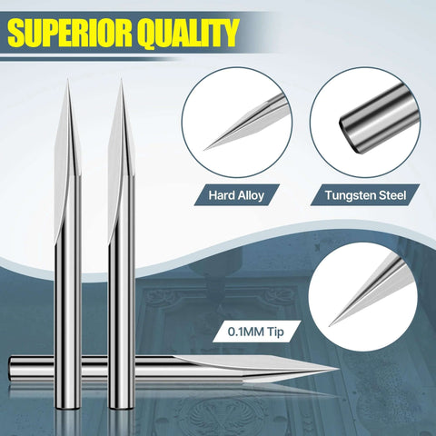 Front view: HUHAO 5-piece carbide router bit set, 1/8 inch shank; 0.1mm V-tip engraving bits for wood, acrylic, metal.