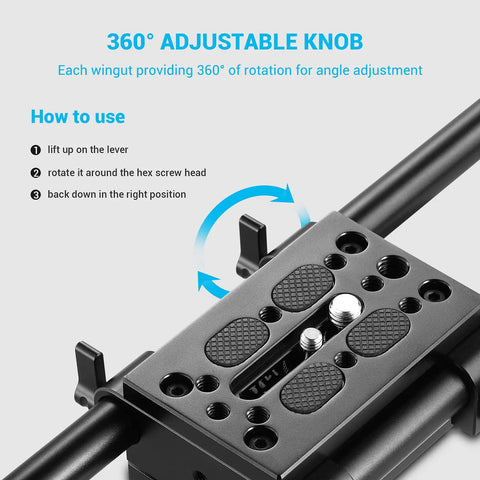 Camera Base Plate With 15mm Rod Clamp Rail Block for Tripod and Shoulder Rigs, Dual Aluminum Plates, 1/4-20 and 3/8-16 Screw Compatibility, Adds Solid Accessory Mount Holes for Cages, Monitors, Microphones, and More. 360° adjustable knob on aluminum 15mm rod clamp base plate