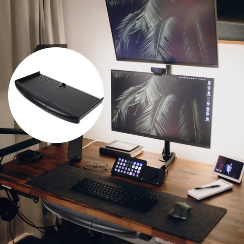 Undermount Keyboard Tray With Ergonomic Tilt And Clip Mount, black PP desk extender, tool-free under desk setup.