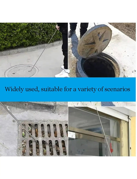Heavy Duty Stainless Steel Manhole Cover Hook With Chunky Thick Handle Rock Solid T Shaped Grip in use on various utility covers.