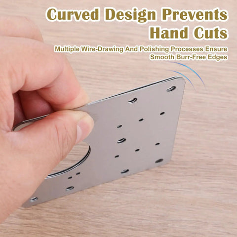 Person holding a plate from the 20-Piece Upgraded Cabinet Hinge Repair Plate Kit - Beefy, Heavy-Duty Stainless Steel with smooth edges