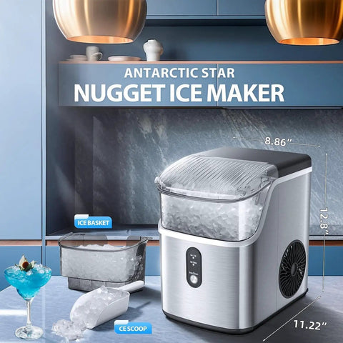 Chewable Nugget Ice Maker Countertop With One Touch Operation, Self Cleaning, Fast Ice Making Up To 34 Lbs Per Day, Slick Silver