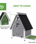 Outdoor Wooden Chicken Coop For Two Hens With Removable Nesting Box, Roosting Bar, Tray, and Ramp, grey color, shown with open tray