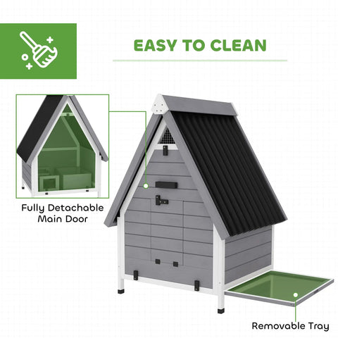 Outdoor Wooden Chicken Coop For Two Hens With Removable Nesting Box, Roosting Bar, Tray, and Ramp, grey color, shown with open tray