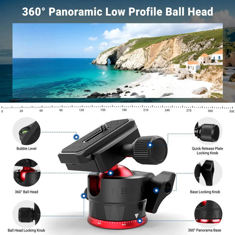 360° panoramic ball head for 72 Inch Travel Tripod and Monopod for Cameras and Mobile Phones with Arca Type Ball Head, supports 13.2 lb