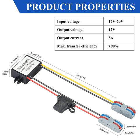 Garage Ready DC Buck Converter Step Down Power Module 17 To 60V To 12V Input with wire connections and technical details.