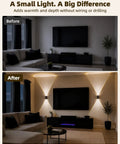 Before and after comparison featuring Sleek Wireless Motion Sensor Wall Light Rechargeable LED Sconce enhancing living room ambiance.