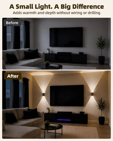 Before and after comparison featuring Sleek Wireless Motion Sensor Wall Light Rechargeable LED Sconce enhancing living room ambiance.