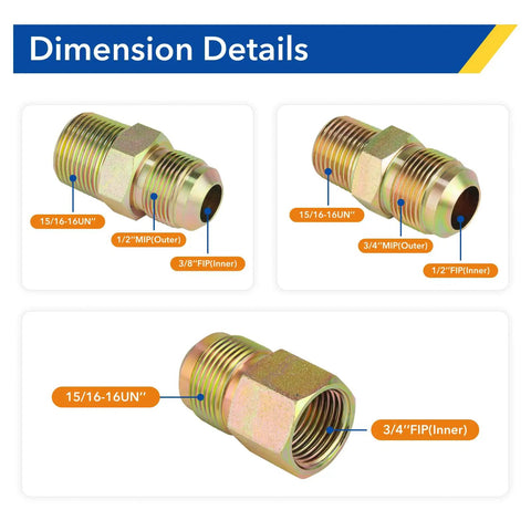Dimension details of connectors for Tough As Nails 48 Inch Flexible Yellow Coated Corrugated Gas Line Kit For Dryer Stove Range.