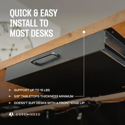 Level Up Your Desk Setup With This Solid Carbon Steel Undermount Drawer Attachment showing easy install under a desk.