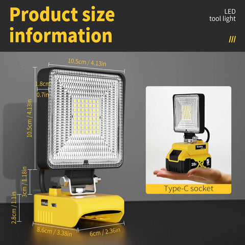 Dope 23W LED Work Light With 2100 Lumens Square Flood Beam USB And Type C Charging Works With DeWalt 18V 20V Max Batteries
