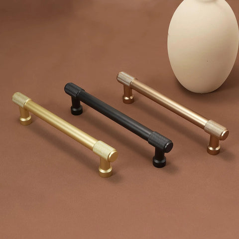 10 Pack Five Inch Matte Black Cabinet Handles Knurled Drawer Pulls and assorted metal finishes on display.