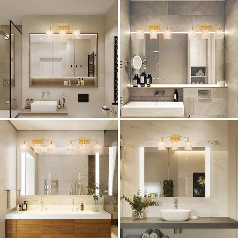 Gold Crystal 3 Light Vanity Wall Sconce for Bathroom Home, Glam Gold Bath Lighting with Crystal Beads Chain in various bathrooms