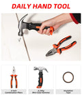 Close-up of a hand using a claw hammer from the All In One 14 Piece Home And Auto Repair Tool Set with pliers and insulation tape visible