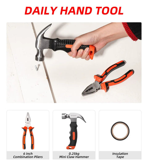 Close-up of a hand using a claw hammer from the All In One 14 Piece Home And Auto Repair Tool Set with pliers and insulation tape visible