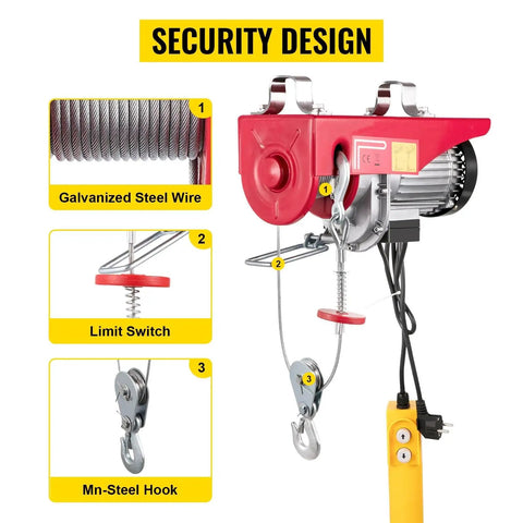 Heavy Duty 2000 Lbs Electric Hoist Crane With 39 Foot Wire Rope Wired Remote Control, showcasing galvanized steel wire and limit switch.