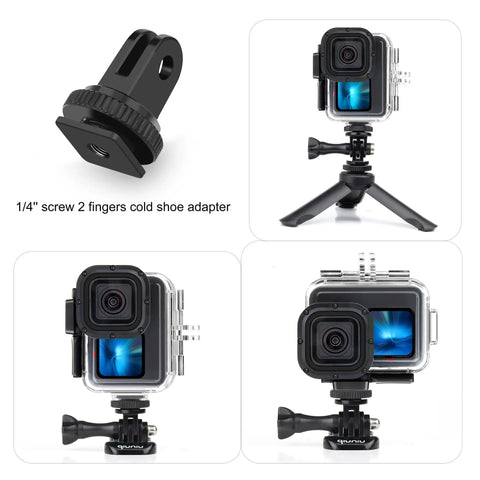 Waterproof Dive Housing With Color Correcting Filters For Dope Underwater Photography, No Lens Removal Needed, Red, Light Red, And Magenta Filters, Fits Hero 9 Through 13 Black Cameras, Submerge Up To 147 Feet, featuring cold shoe adapter and tripod mount