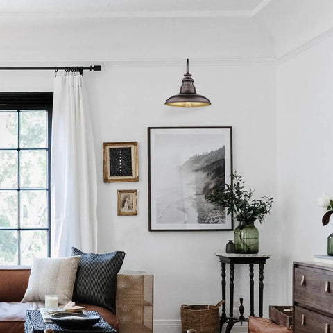 Living room with Farmhouse Outdoor Barn Light Fixture 2 Pack Wall Mount Lantern Sconce, bronze finish and gold interior.
