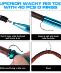 Step-by-step use of wacky rig tool with 40 O rings from All In One Bass Fishing Lures Kit With 32 Premium Five And A Half Inch Soft Plastic Worms Wacky Rig Gear 20 Hooks 25 Nail Weights 40 Wacky O Rings Rig Tool And Portable Tackle Box For Serious Anglers.