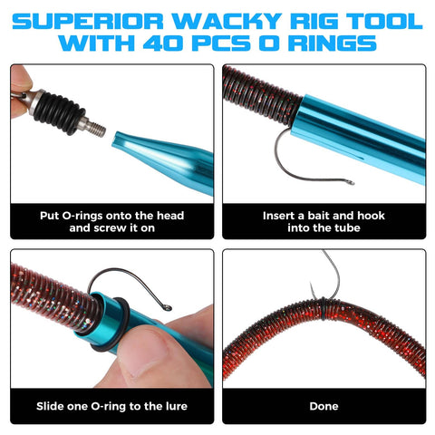 Step-by-step use of wacky rig tool with 40 O rings from All In One Bass Fishing Lures Kit With 32 Premium Five And A Half Inch Soft Plastic Worms Wacky Rig Gear 20 Hooks 25 Nail Weights 40 Wacky O Rings Rig Tool And Portable Tackle Box For Serious Anglers.
