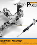 Power Steering Rack And Pinion Assembly For 1999 To 2006 Chevy Silverado 1500 And 2007 Silverado 1500 Classic 1999 To 2006 GMC Sierra 1500 And 2007 Sierra 1500 Classic Replacement Direct Fit For Easy Install And Reliable Steering Performance displayed next to car frame