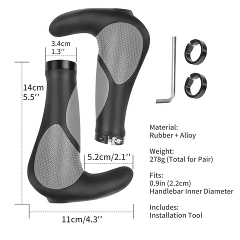 Ergonomic Bike Handlebar Grips With Anti Slip Rubber For MTB Road And Folding Bikes, showing dimensions and installation tool.