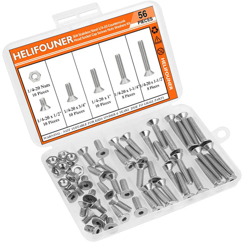56-Piece 1/4-20 Countersunk Socket Head Cap Screws and Hex Nuts Kit, 304 Stainless Steel, Corrosion-Resistant Fasteners, 5 Lengths in storage case.
