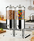 Double Chamber Cereal Dispenser With Large Capacity For Countertop Kitchen Storage Built Tough Dry Good Bin holding cereal and colorful candy.