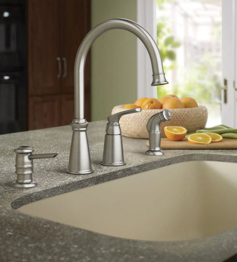 Top Shelf High Arc Kitchen Faucet With Spot Resist Stainless Finish And Smooth One Handle Design To Make Kitchen Chores An Absolute Breeze On Your Counter, viewed from the side on a kitchen countertop.