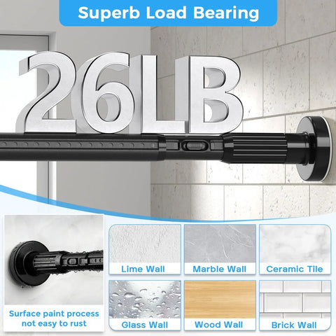 Heavy Duty Black Tension Curtain Rod No Drilling Adjustable 41 To 144 Inches With Rust Resistant Finish supporting 26 lbs