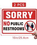 Two Pack No Public Restroom Signs For Biz And Home Self Adhesive Weatherproof Vinyl Stickers, dimensions shown