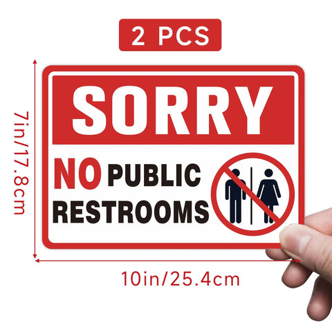 Two Pack No Public Restroom Signs For Biz And Home Self Adhesive Weatherproof Vinyl Stickers, dimensions shown