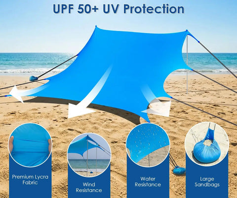 Big 14x11 Foot Beach Shade Shelter with UPF50 protection on beach, highlighting fabric strength, water and wind resistance features.