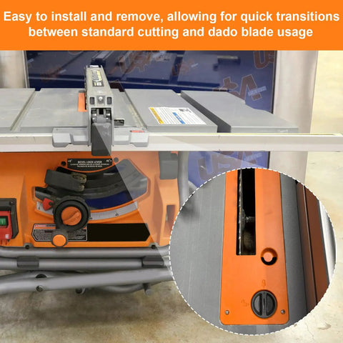 Dado Throat Plate Compatible With Ridgid Table Saw R4514 R4518 showing quick install in a metal insert for easy transitions.