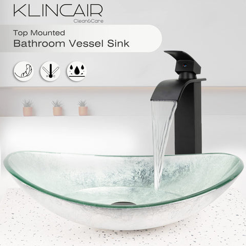 Artistic Tempered Glass Vessel Sink Set With Above Counter Design Round Modern Bowl Matte Black Waterfall Faucet