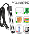 Heavy Duty 2000W Immersion Water Heater Delivers Insanely Fast Hot Water On Tap Using Pure Copper Heating Coils and Perforated Steel Guard for Zero Wait Comfort Daily in use with various containers.