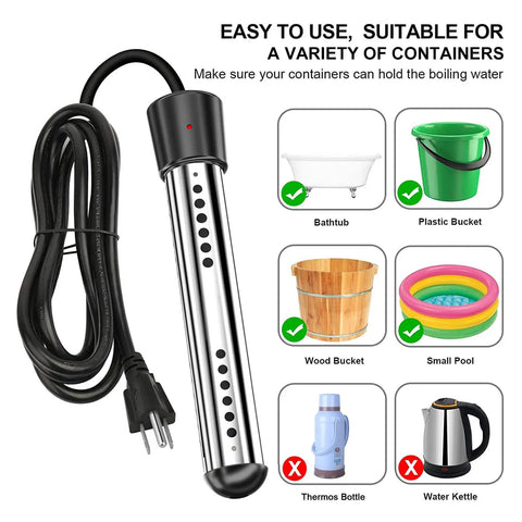 Heavy Duty 2000W Immersion Water Heater Delivers Insanely Fast Hot Water On Tap Using Pure Copper Heating Coils and Perforated Steel Guard for Zero Wait Comfort Daily in use with various containers.