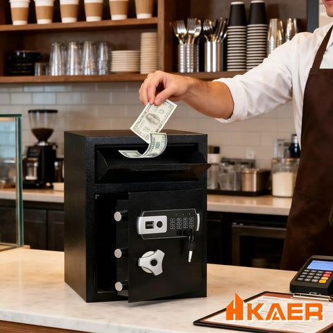 Someone depositing cash into the Front Drop Slot Deposit Safe Fireproof With Digital Combination Anti Fishing Safe Box in a cafe.