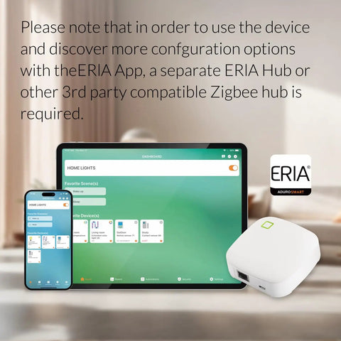 Tablet and smartphone displaying ERIA app with ERIA hub beside, compatible with A19 Dimmable Smart Bulb With 800 Lumens CRI 90 Plus 16 Million Colors.