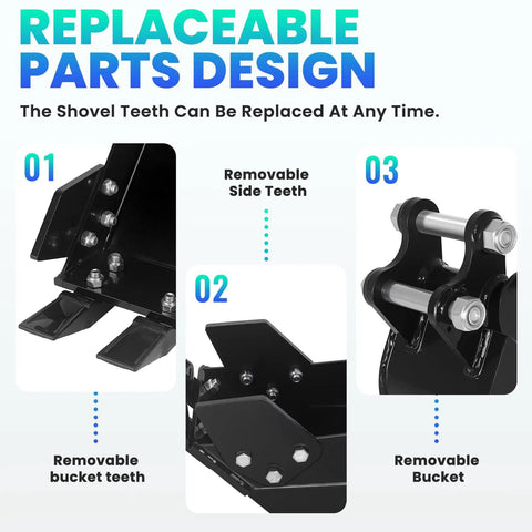 Replaceable parts design of narrow 7.87 inch excavator bucket with metal teeth, manganese steel, for mini backhoe attachment.