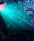LED Disco Ball Party Light with DMX Control and Sound Activated RGB LEDs for DJs and Clubs Durable Plastic Construction Multicolor Light Show displayed at event with colorful beams.