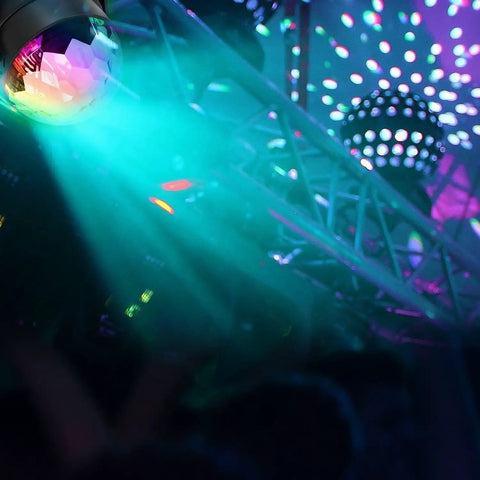 LED Disco Ball Party Light with DMX Control and Sound Activated RGB LEDs for DJs and Clubs Durable Plastic Construction Multicolor Light Show displayed at event with colorful beams.