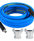 Heavy Duty Industrial Compressor Air Hose Three Quarter Inch By Twenty Five Feet with blue rubber jacket and quick release ends.