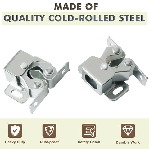 Double Ball Roller Cabinet Door Latch and Catch Kit for Cupboard Closets, cold rolled steel, silver finish, two units