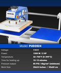 20x24 Inch Dual Platen Heat Press With Auto Lift For Bulk Sublimation Transfers, Model PUD2024, features and specifications.