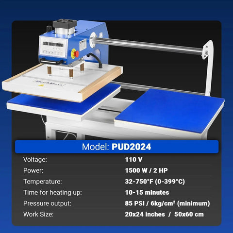 20x24 Inch Dual Platen Heat Press With Auto Lift For Bulk Sublimation Transfers, Model PUD2024, features and specifications.