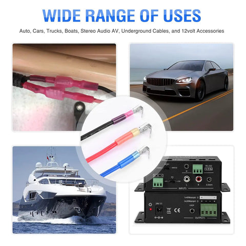 Collage showing Heat Shrink Piggy Back Spade Terminals Assortment Kit For Auto Cars Trucks Boats 22-16 16-14 12-10 AWG