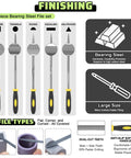43 Piece 3D Printer Tools Kit For All FDM And SLA Printers With Nozzle Cleaning Tools Removal Scrapers Finishing Tools Five Types Of Files Brushes Wire Cutter And Engraving Knife Plus One Year Warranty showing 5-piece bearing steel file set with dual-cut teeth and anti-slip handles.