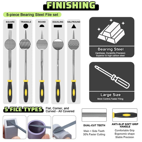 43 Piece 3D Printer Tools Kit For All FDM And SLA Printers With Nozzle Cleaning Tools Removal Scrapers Finishing Tools Five Types Of Files Brushes Wire Cutter And Engraving Knife Plus One Year Warranty showing 5-piece bearing steel file set with dual-cut teeth and anti-slip handles.